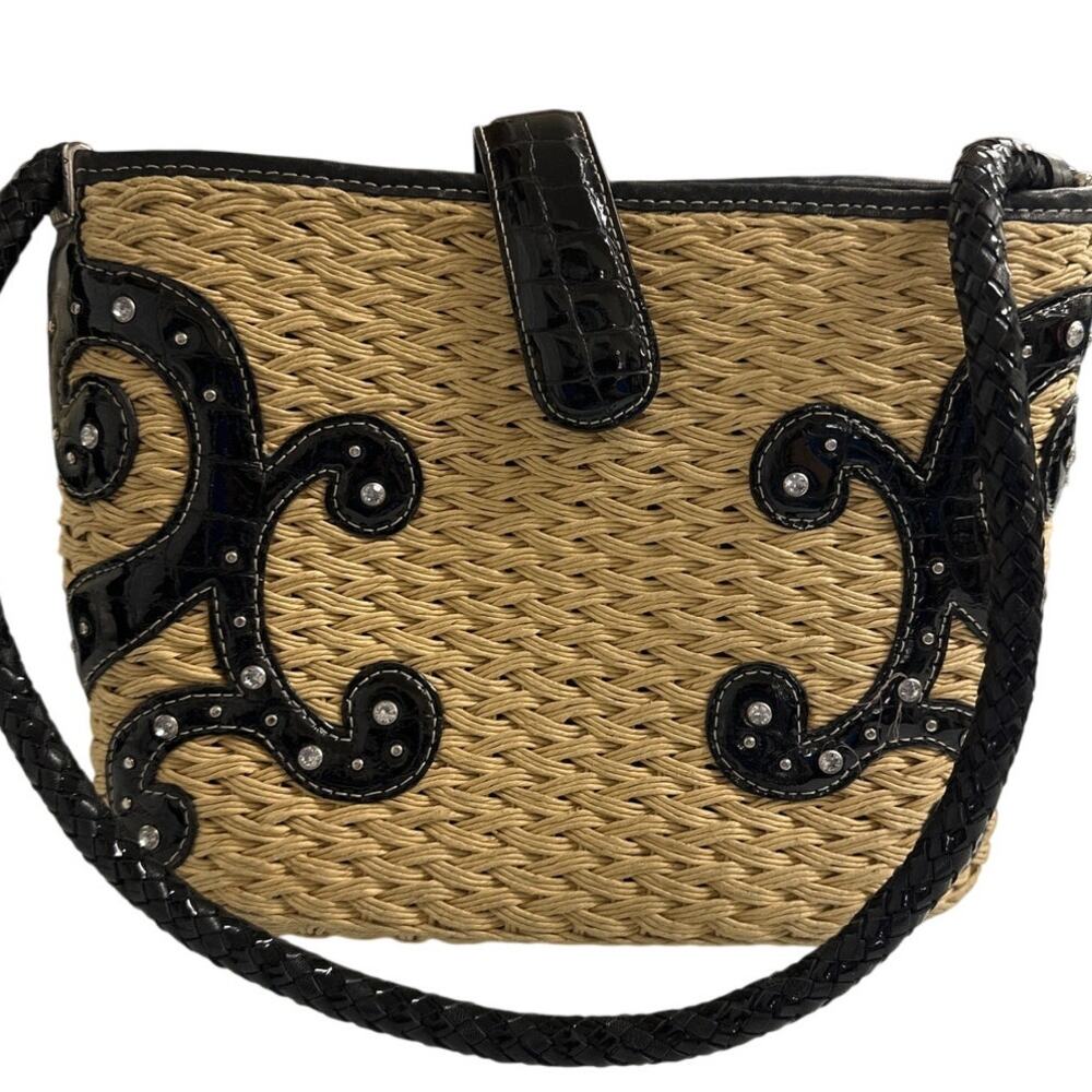 Brighton Straw Shoulder Bag Black Faux Croc Rhinestone Scroll Western Purse